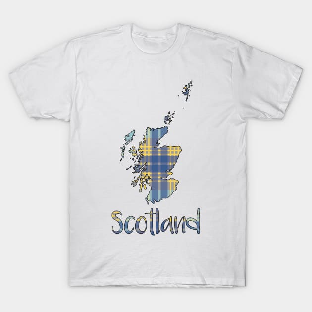 Scotland Blue and Yellow Tartan Map Typography Design T-Shirt by MacPean